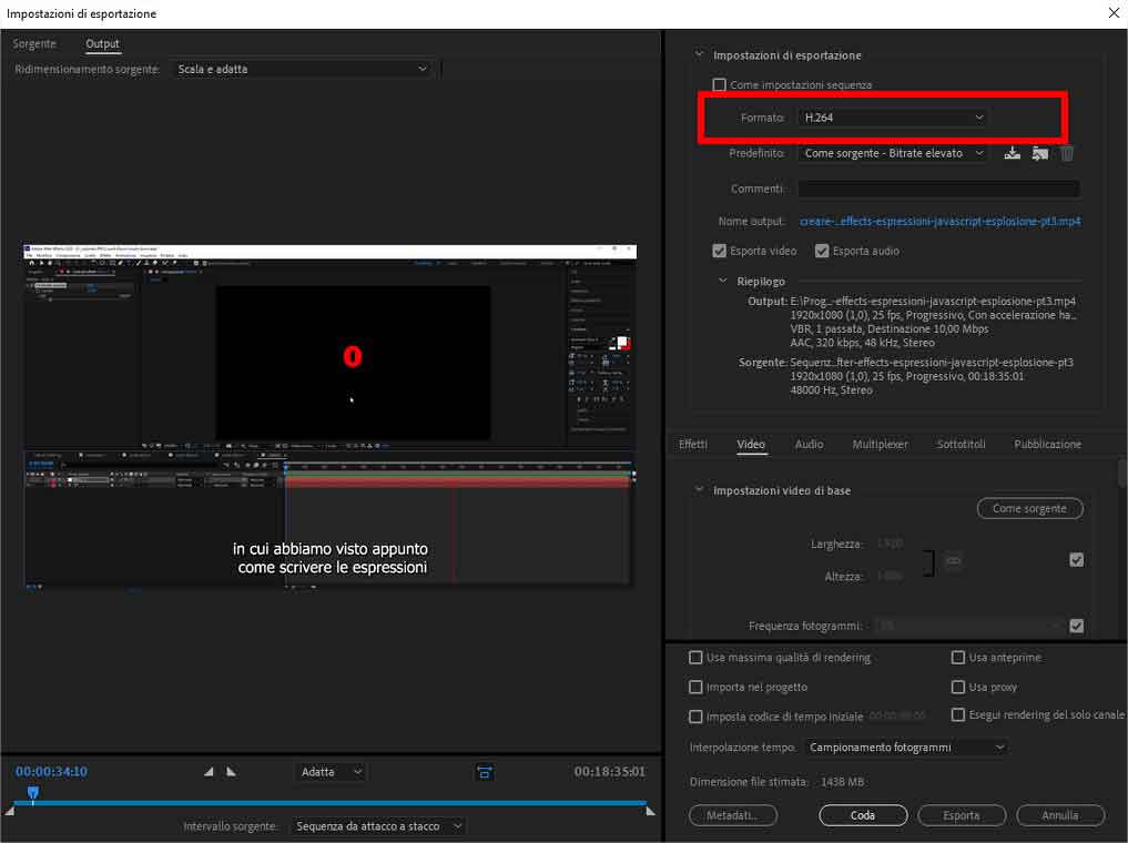 Come esportare una clip video con Adobe Premiere Pro - STEP 3 - Scegliere il formato