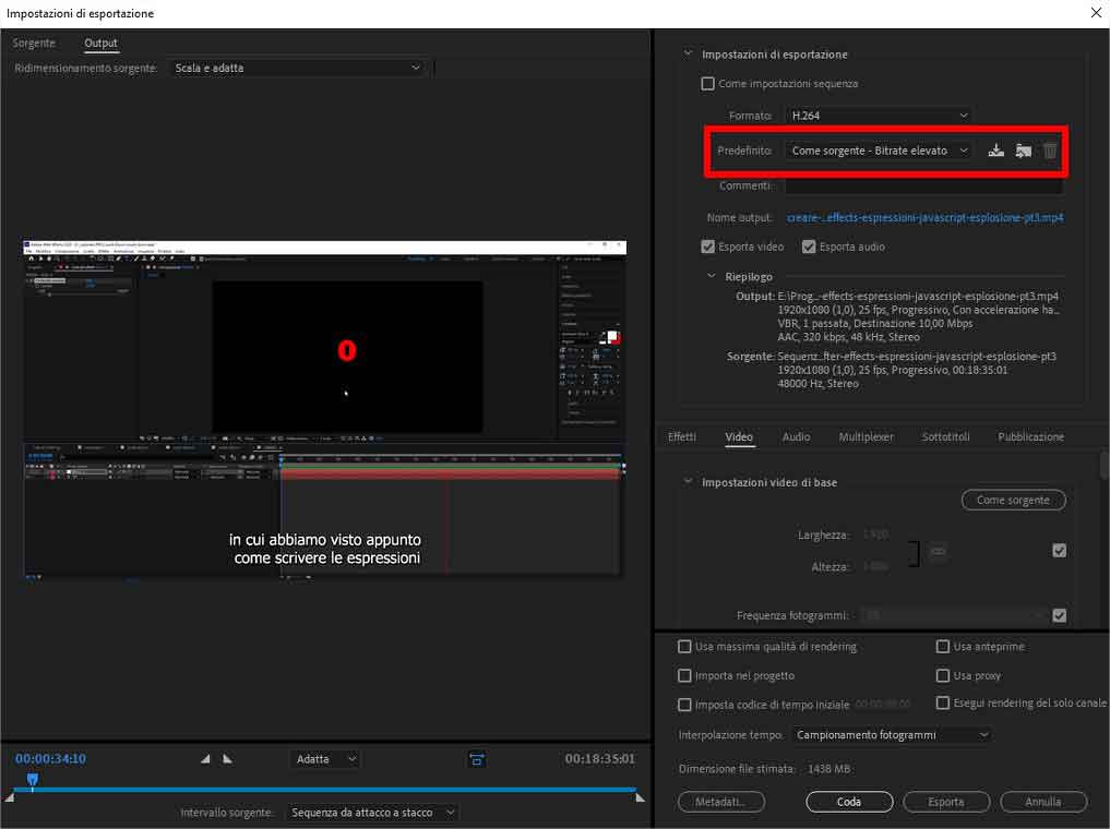 Come esportare una clip video con Adobe Premiere Pro - STEP 4 - Scegliere il predefinito