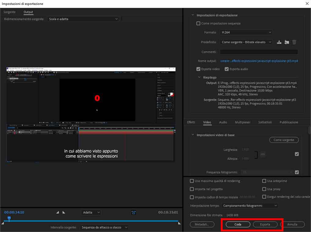 Come esportare una clip video con Adobe Premiere Pro - STEP 7 - Cliccare su "Esporta" o su "Coda"