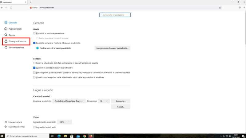 Come pulire la cache di Firefox (Desktop) - Step 4 - Clicca su "Privacy e sicurezza"