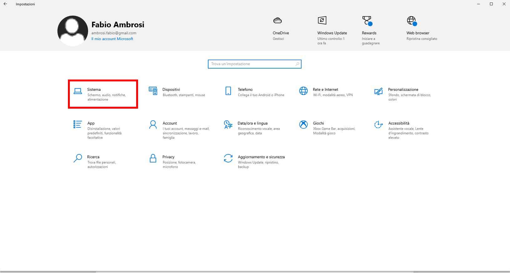 Cliccare su SISTEMA per accedere alle impostazioni generali del vostro computer