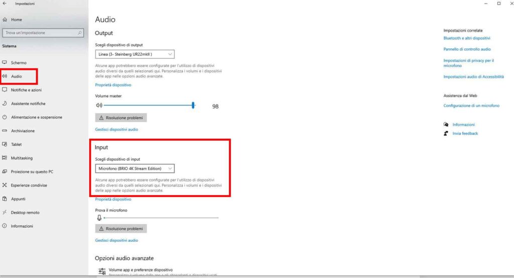 Come registrare audio da Windows 10 - STEP 3 - Scegliere dispositivo di input