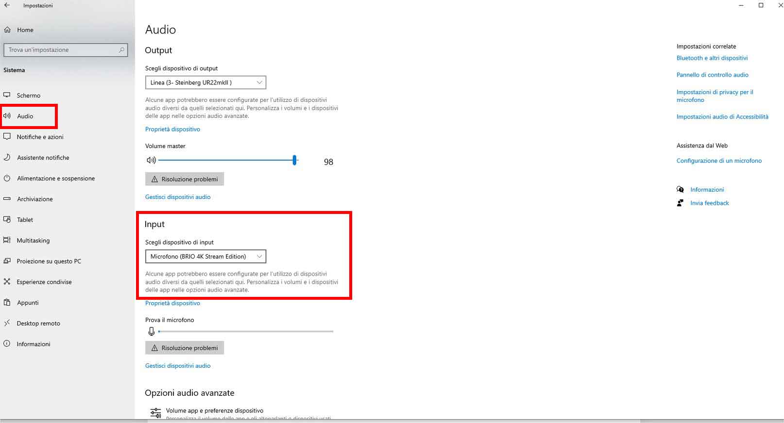Andate nella tab AUDIO (colonna di sinistra) e scegliete da quale dispositivo volete registrare