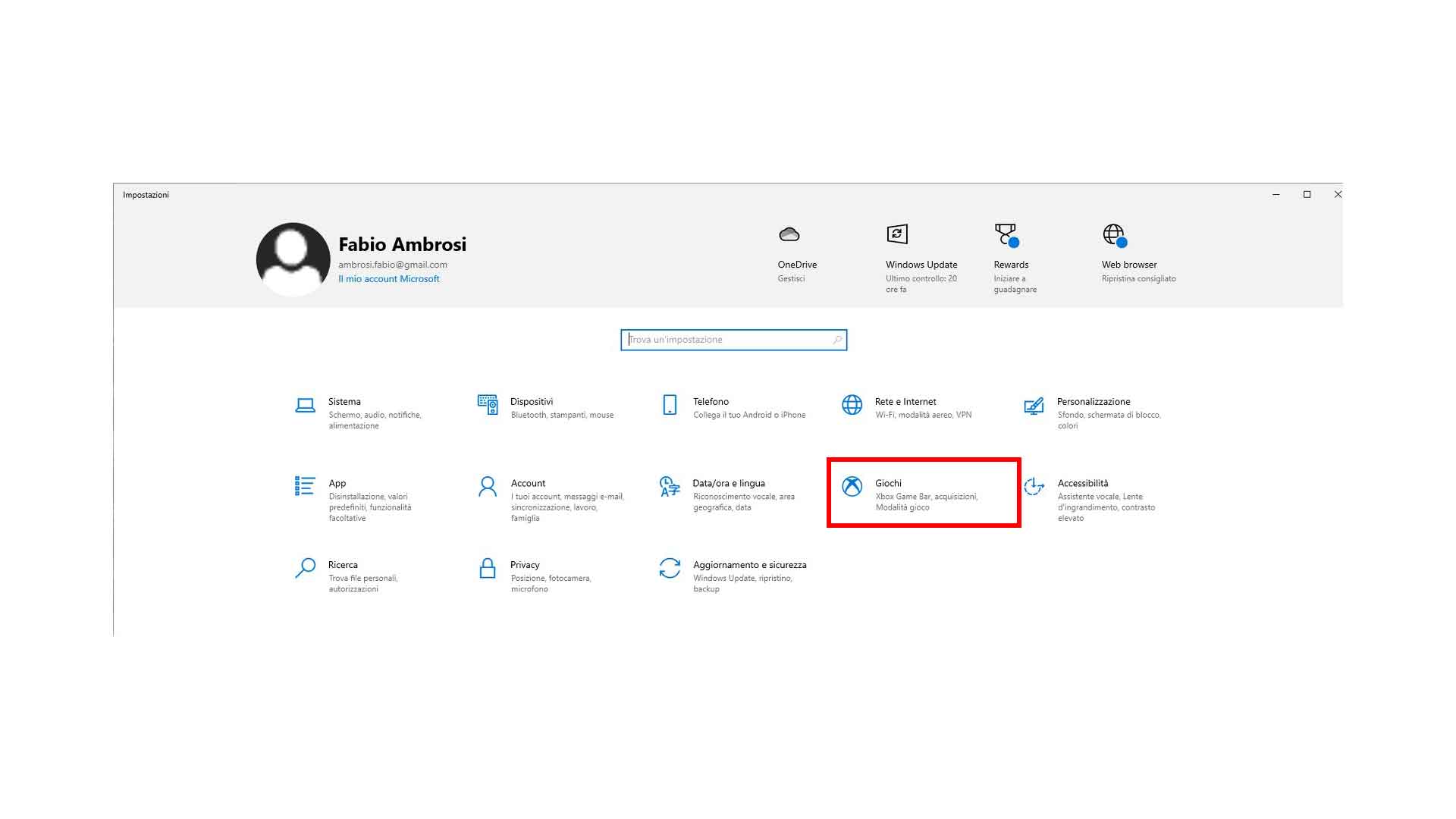 Nelle impostazioni di Windows clicca su GIOCHI