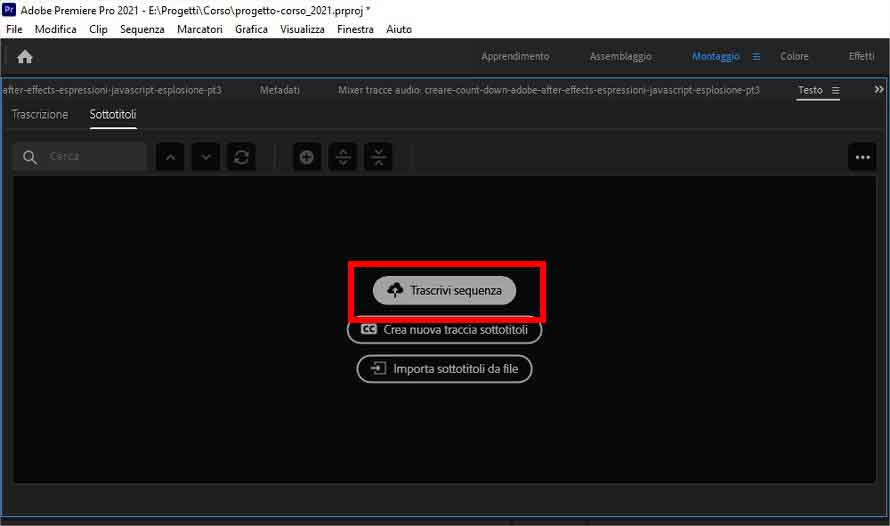 Come sottotitolare automaticamente un video usando Adobe Premiere Pro: STEP 3 - Cliccare su "Trascrivi Sequenza"