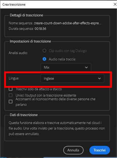 Come sottotitolare automaticamente un video usando Adobe Premiere Pro: STEP 4 - Scegliere le impostazioni e la lingua