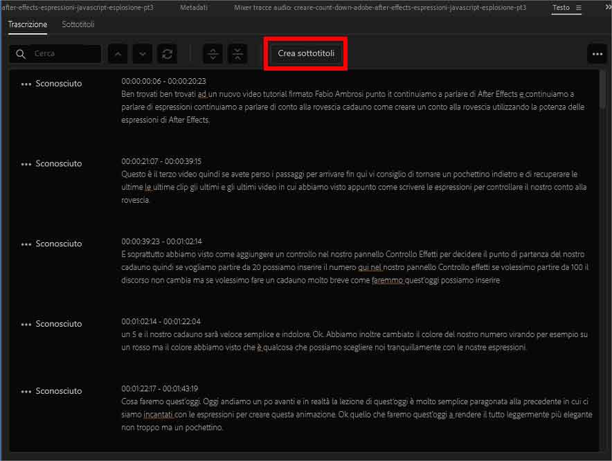 Come sottotitolare automaticamente un video usando Adobe Premiere Pro: STEP 6 - Cliccare su "Crea Sottotitoli"