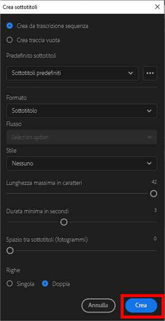 Come sottotitolare automaticamente un video usando Adobe Premiere Pro: STEP 7 - Impostazioni sottotitoli