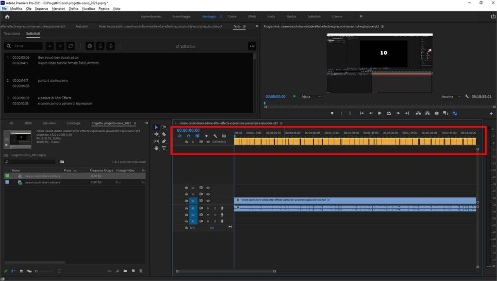 Come sottotitolare automaticamente un video usando Adobe Premiere Pro: STEP 8 - Premiere aggiunge la traccia sottotitoli alla sequenza