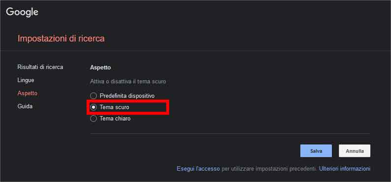 Come attivare il tema scuro di Google