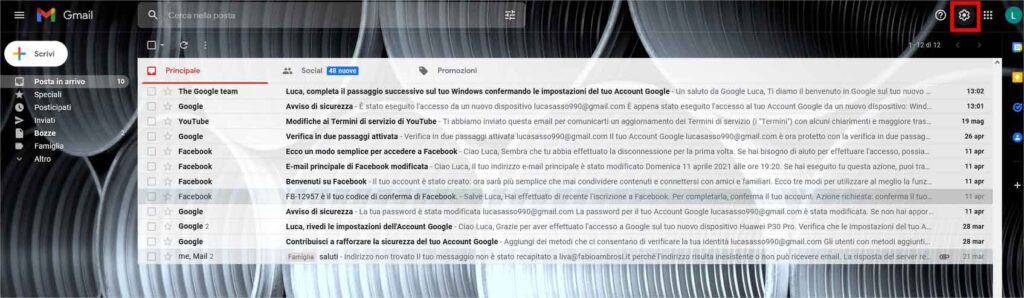 Cambiare tema e colori di Gmail: STEP 1 - Impostazioni