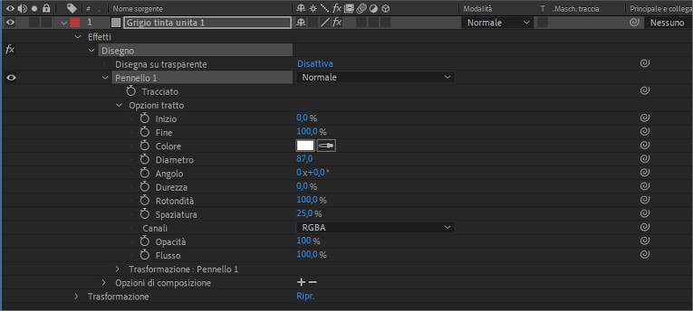 Opzioni tratto dello strumento pennello di Adobe After Effects