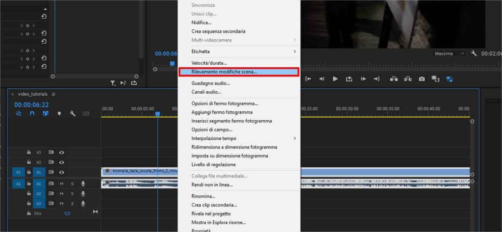 Come tagliare automaticamente una clip video in Premiere Pro: strumento rilevamento modifiche scena"