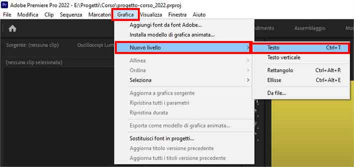Come inserire testo, grafica e titoli in Premiere Pro: nuovo livello testo