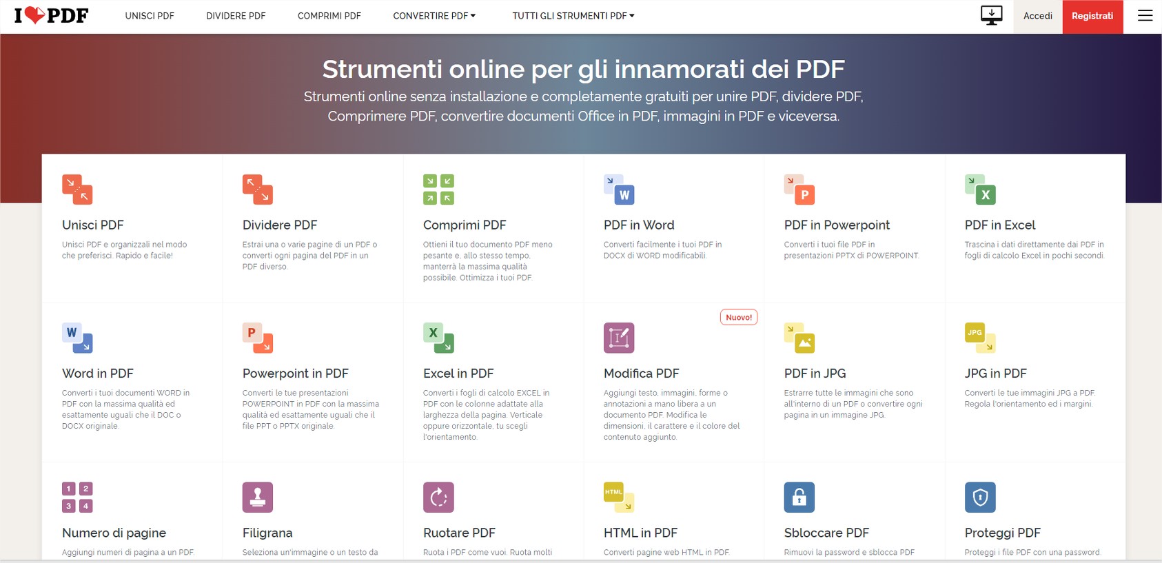 Andare sul sito I LOVE PDF e scegliere il servizio di conversione