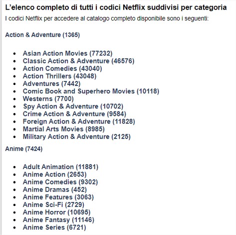 Elenco completo codici segreti categorie Netflix