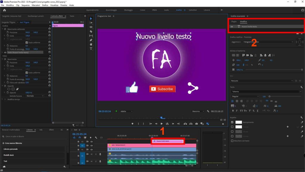 Nuovo livello testo Adobe Premiere Pro: grafica essenziale e livelli