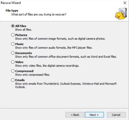 Recurva: scegliere tipo di file eliminato che si vuole recuperare dall'hard disk