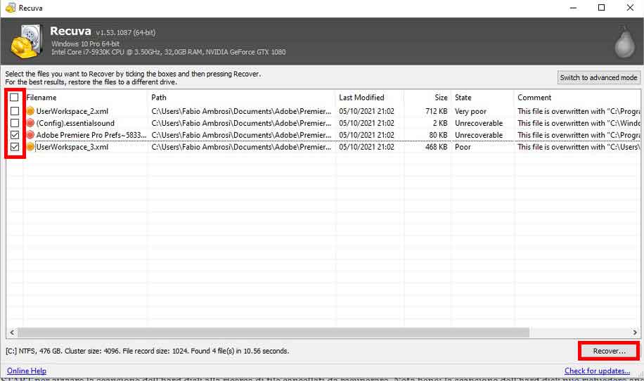 Recurva: scegliere i file che si vuole recuperare