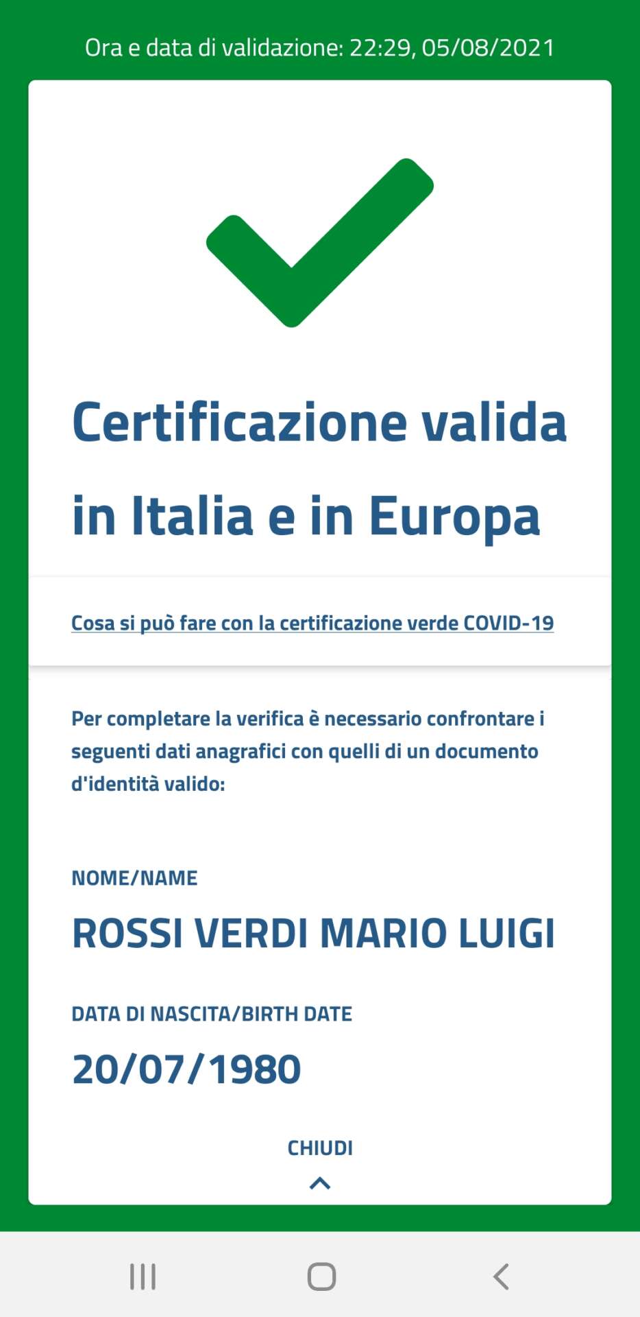 Dopo aver inquadrato il QR CODE la app informa sulla validità del Green Pass