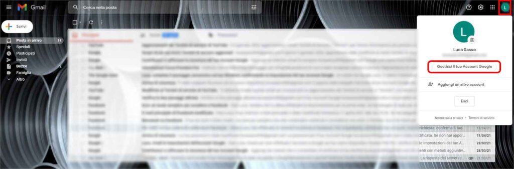 Attivare autenticazione a due fattori goole - gmail: STEP 2 - Gestisci account Google