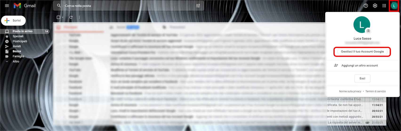 Accedere alle impostazioni di Google cliccando su "Gestisci il tuo account Google"