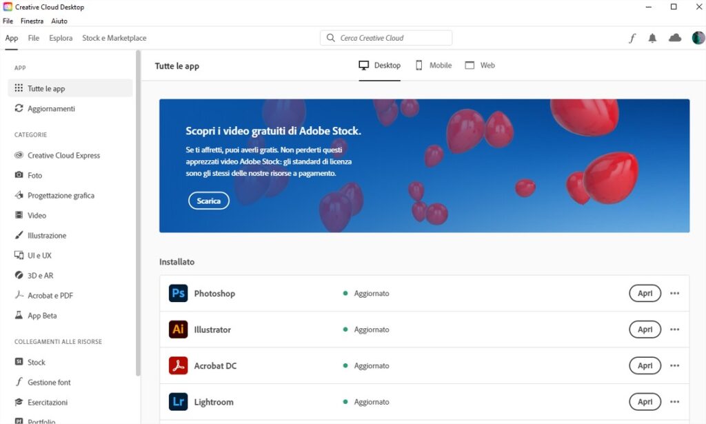 Come aggiornare Adobe Premiere Pro e i prodotti Adobe Creative Cloud - STEP 1 - Apri Cloud Desktop
