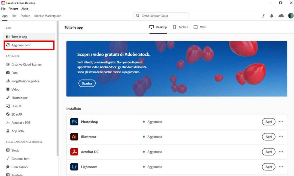 Come aggiornare Adobe Premiere Pro e i prodotti Adobe Creative Cloud - STEP 2 - Clicca su Aggiornamenti