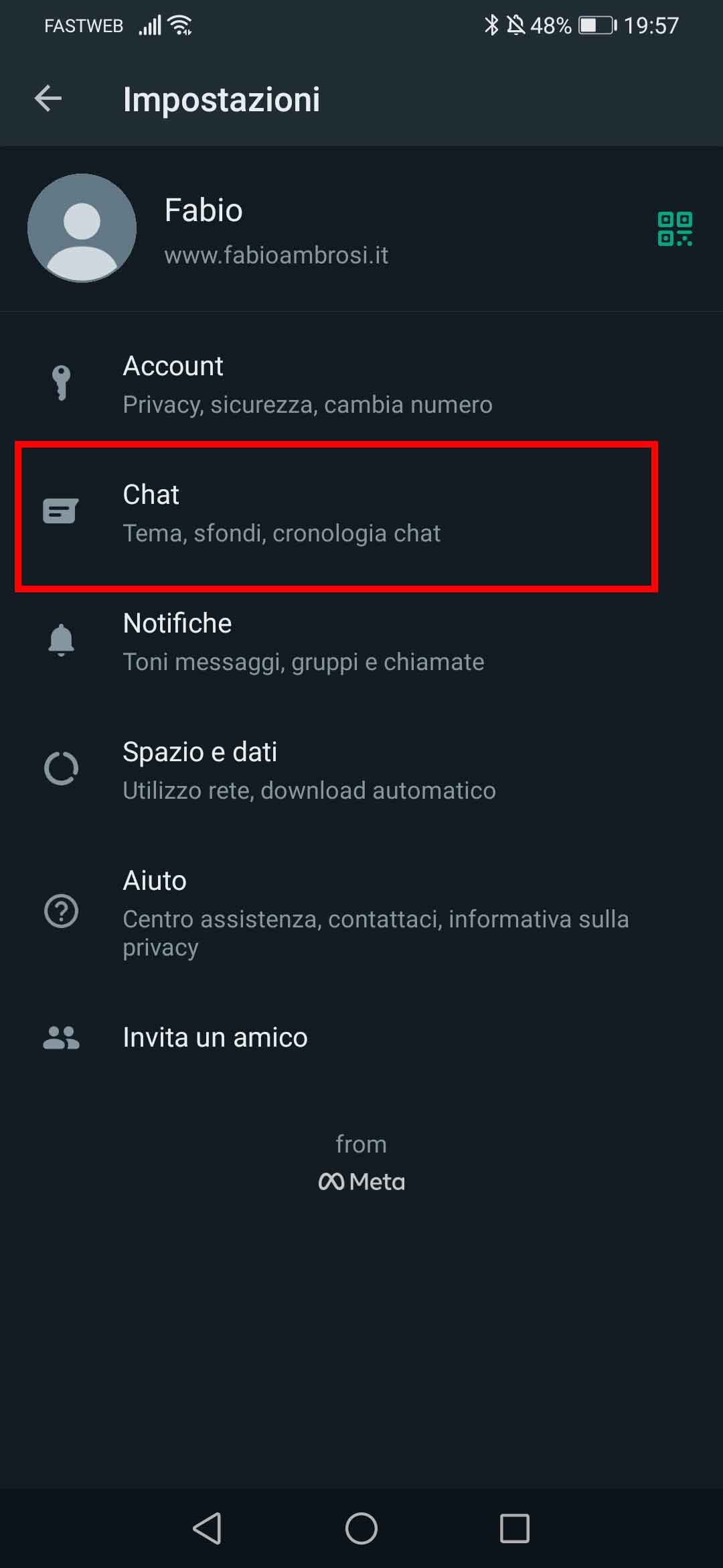 Nella pagina delle impostazioni di whatsapp clicca sulla voce "Chat"