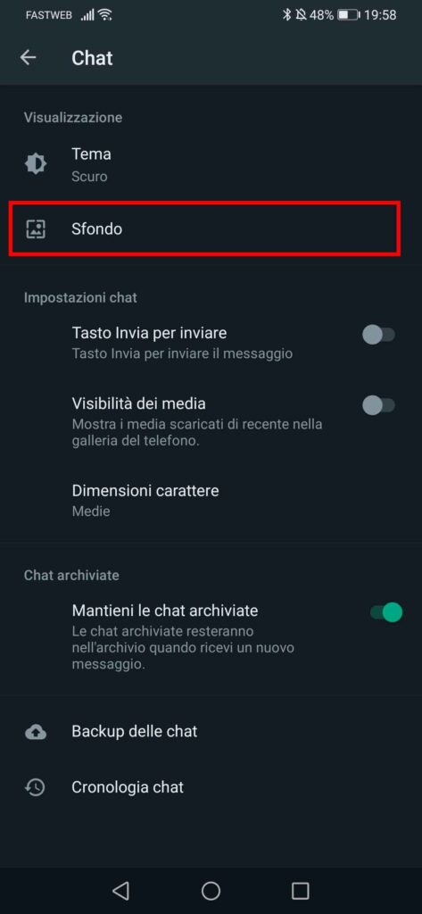 Come cambiare lo sfondo alle chat di whatsapp - STEP 4 - Clicca su Sfondo
