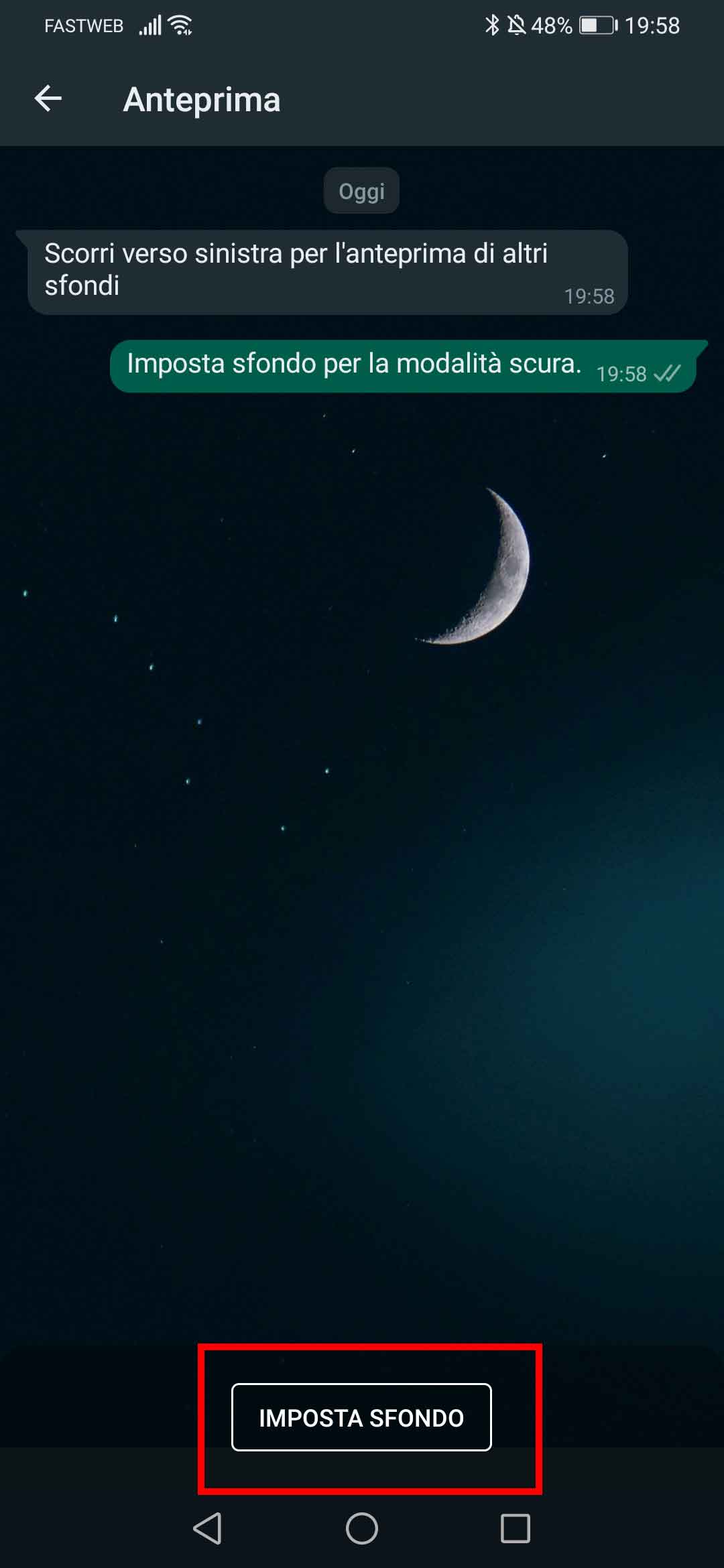 Clicca su "imposta sfondo" per applicare lo sfondo alle chat di whatsapp