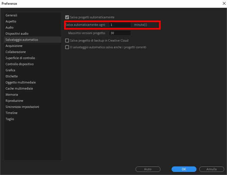 Come impostare salvataggi automatici Premiere Pro - STEP 3 - Salva automaticamente ogni
