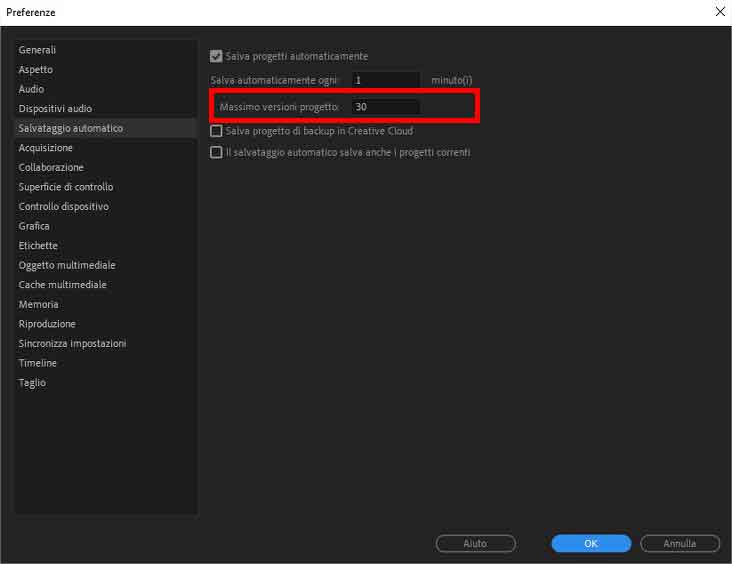 Come impostare salvataggi automatici Premiere Pro - STEP 4 - Massimo versioni proeggetto