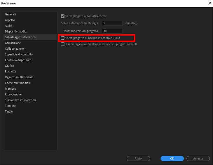 Come impostare salvataggi automatici Premiere Pro - STEP 5 - Salva progetto di Backup in Creative Cloud
