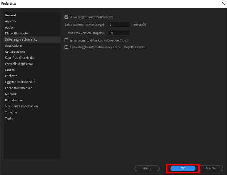 Come impostare salvataggi automatici Premiere Pro - STEP 6 - Clicca su OK