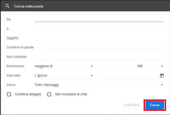 Inserisci i parametri di ricerca e clicca su "Cerca"