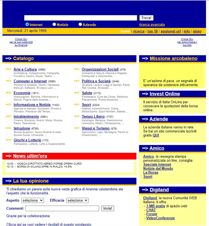 Motori di ricerca:: sul finire degli anni '90 Arianna era il motore di ricerca italiano