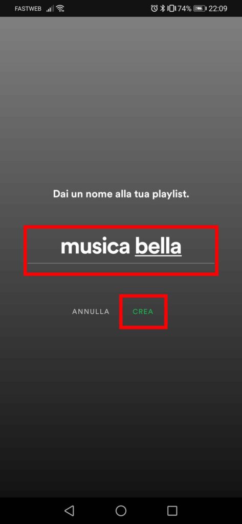 Come creare una playlist su Spotify - STEP 2 - Scegli un nome e premi "Crea"