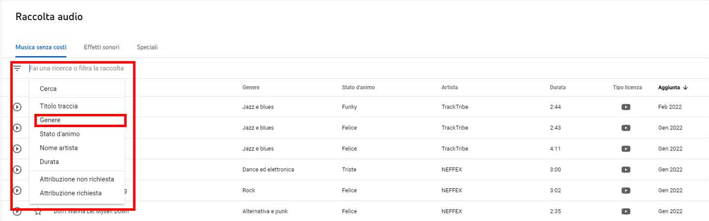 Usa gli strumenti di ricerca per trovare la musica di cui hai bisogno