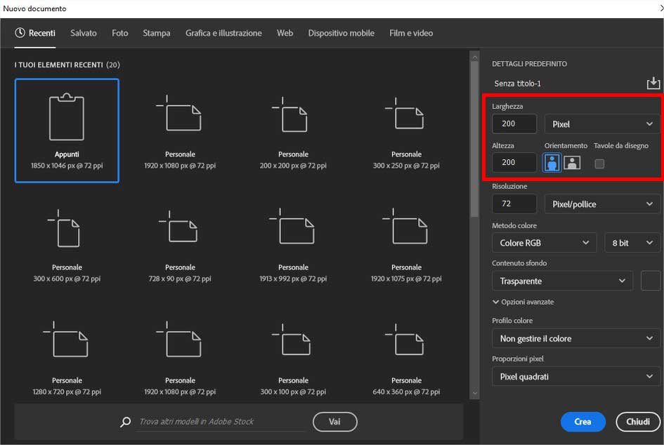 Come creare gif animate con Photoshop - STEP 2 - Imposta caratteristiche immagine