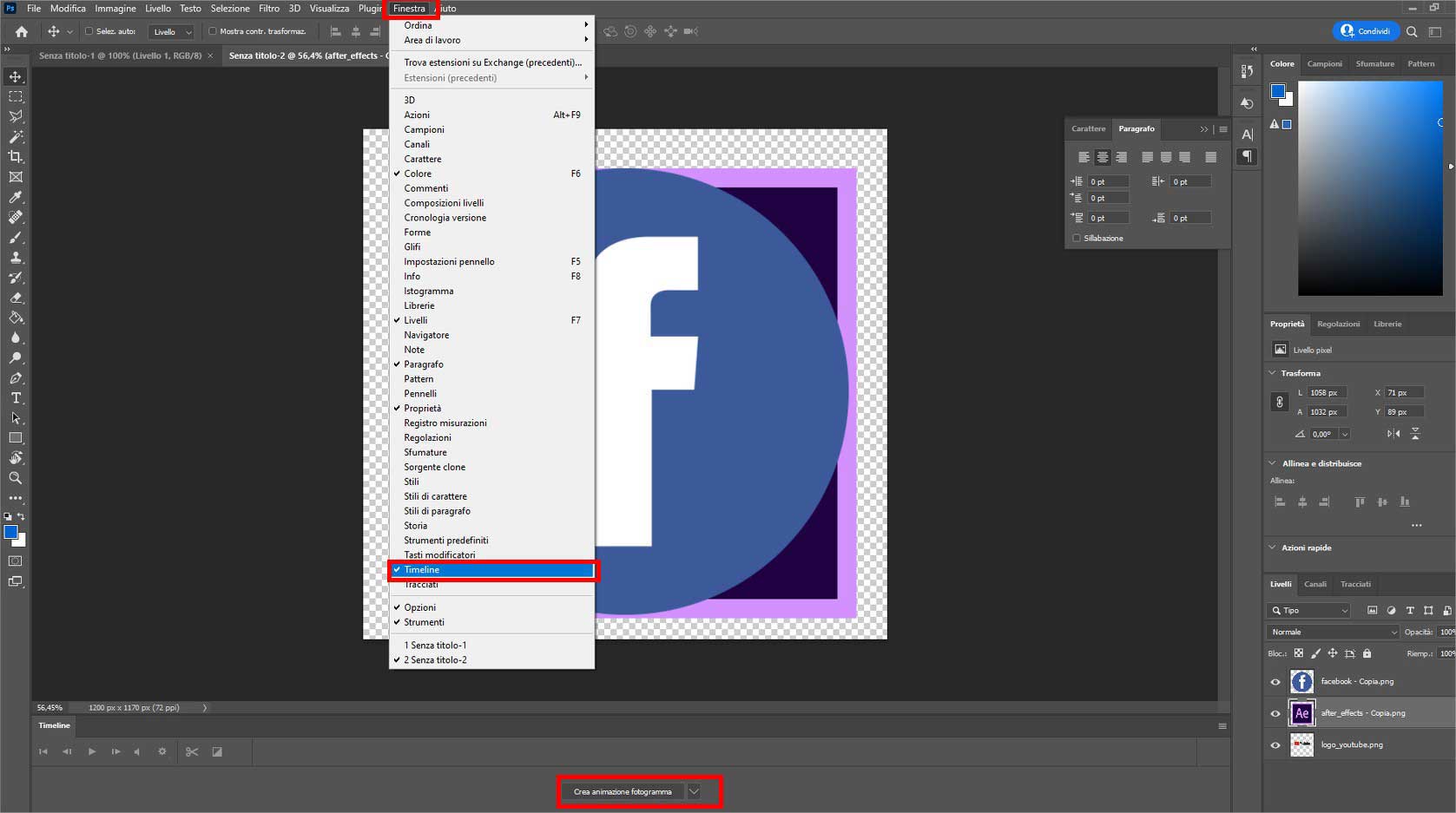 Apri la timeline di Photoshop e clicca su "crea animazione fotogramma"