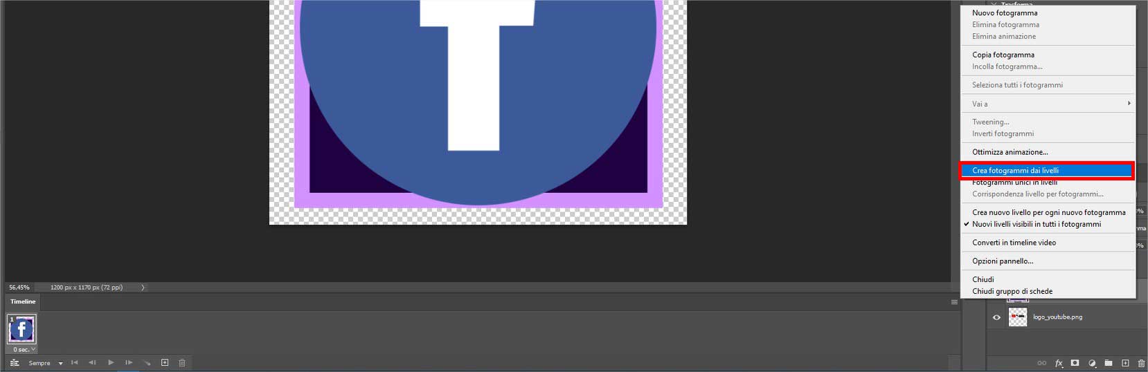 Nel menu della tineline (sulla destra) clicca sulla voce "Crea fotogrammi dai livelli"