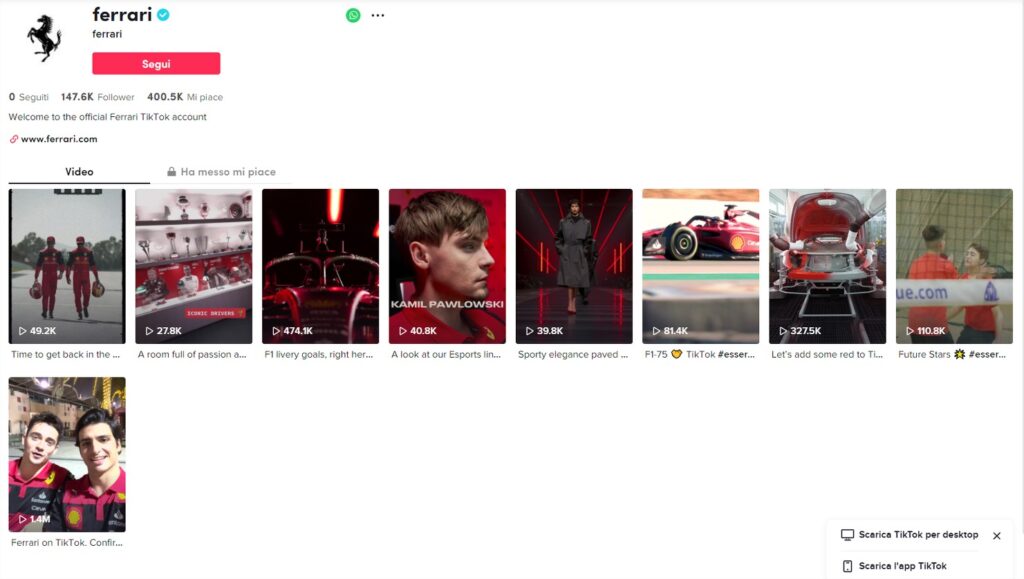 Il nuovo account social ufficiale della Ferrari su TikTok