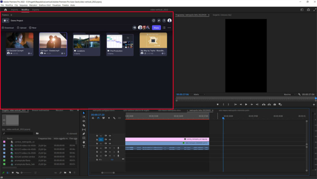 Il nuovo pannello Frame.io integrato in Adobe Premiere Pro 22.3