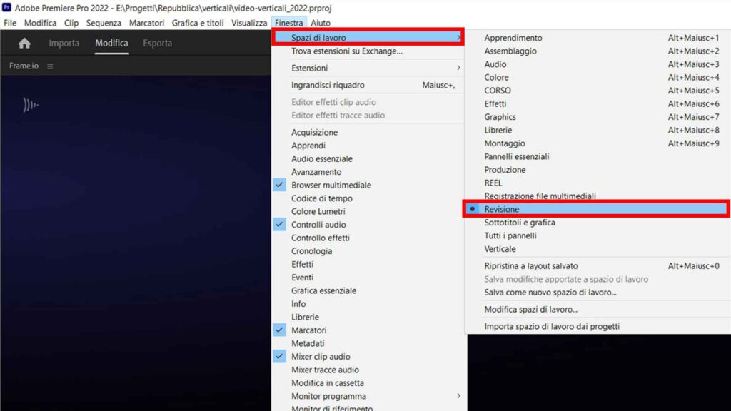 Frame.io e Premiere Pro: Step 1: Aprire l'area di lavoro "Revisioni"