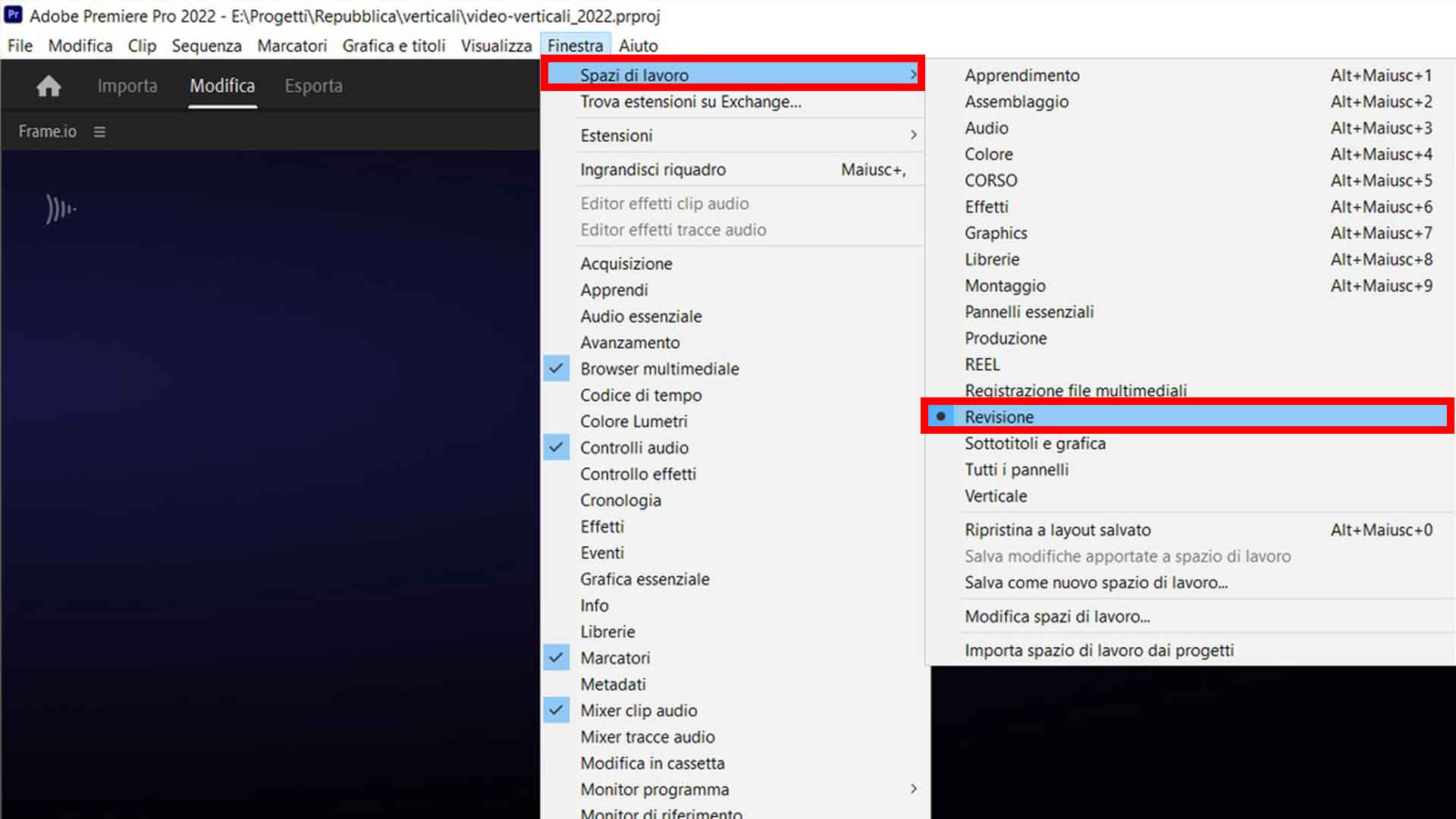 Apri l'area di lavoro "Revisione" in Premiere Pro