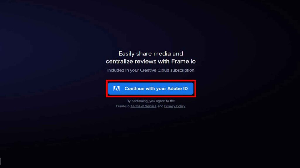 Frame.io e Premiere Pro: Step 2 - Effettua il login a frame.io con le credenziali Adobe