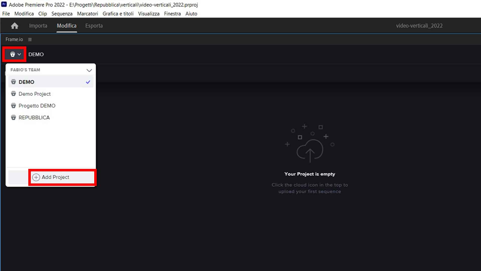 Crea un nuovo progetto frame.io direttamente in Premiere Pro
