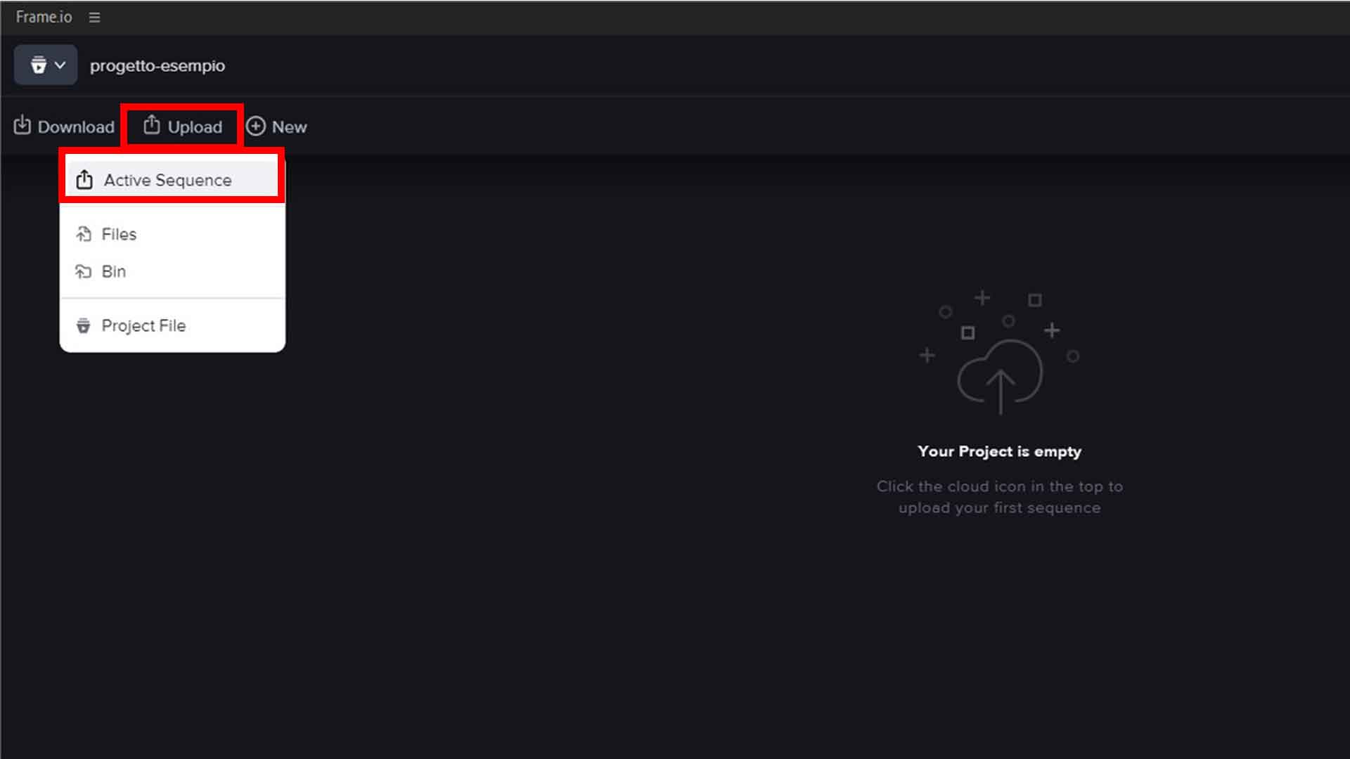Carica un video nel tuo progetto cliccando su "Upload > Active Sequence"