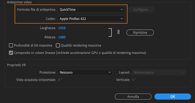 Novità Adobe Premiere Pro (23): rendering delle anteprime in formato Apple ProRes